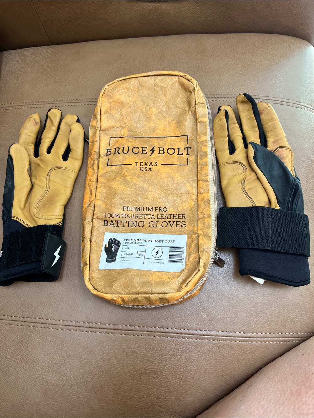 Bruce Bolt Kids Tan and Black Batting Gloves